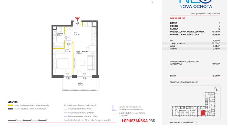 Rzut - Mieszkanie na sprzedaż 2 pokoje o powierzchni 36,84 m² - numer 59 w Neo Nova Ochota