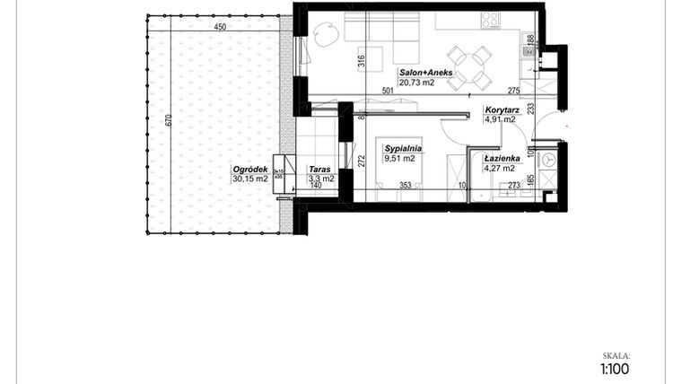 Rzut - Mieszkanie na sprzedaż 2 pokoje o powierzchni 39,42 m² - numer C.23 w Narcyzowe Wzgórza II