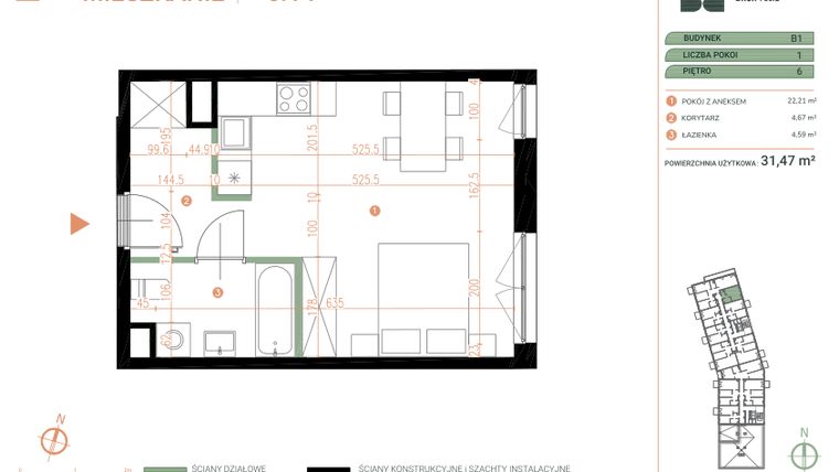 Rzut - Mieszkanie na sprzedaż 1 pokój o powierzchni 31,47 m² - numer M.06.14 w Casa Feliz Portowa II