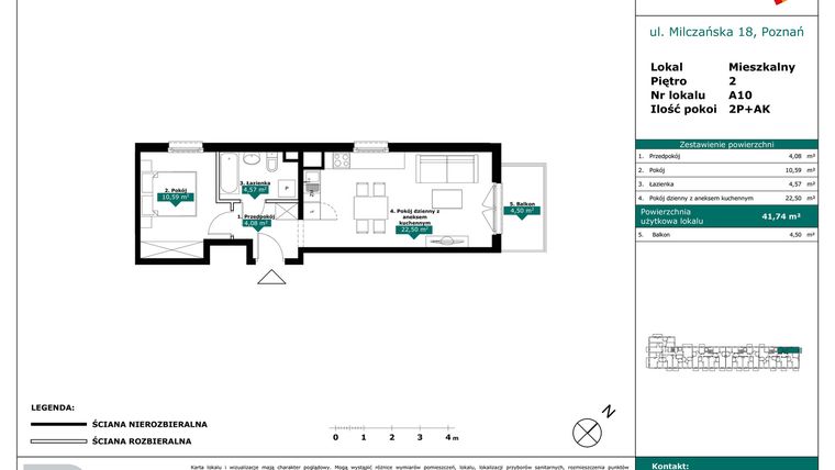 Rzut - Mieszkanie na sprzedaż 2 pokoje o powierzchni 41,74 m² - numer A10 w Milczańska 18