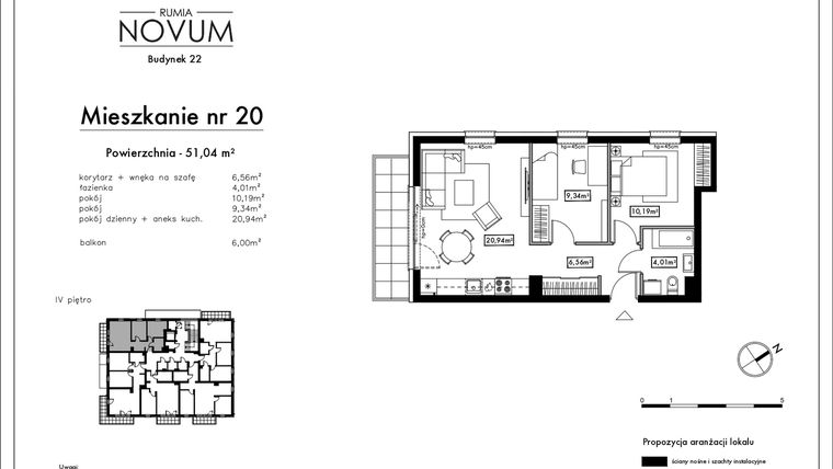 Rzut - Mieszkanie na sprzedaż 3 pokoje o powierzchni 51,04 m² - numer B22.M20 w Novum Rumia - bud. 22
