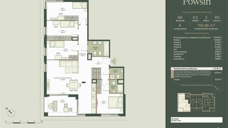 Rzut - Mieszkanie na sprzedaż 5 pokoi o powierzchni 110,46 m² - numer B6/90 w Onelife Powsin