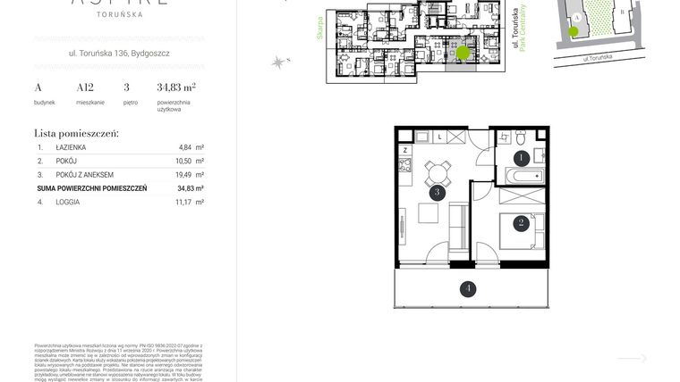 Rzut - Mieszkanie na sprzedaż 2 pokoje o powierzchni 34,83 m² - numer A.12 w Aspire