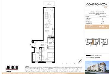 Rzut - Mieszkanie na sprzedaż 3 pokoje o powierzchni 66,79 m² - numer 1.A8 w Gombrowicza 33