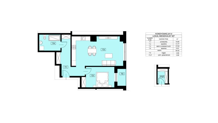 Rzut - Mieszkanie na sprzedaż 2 pokoje o powierzchni 56,5 m² - numer M7 w Nowy Świat 22