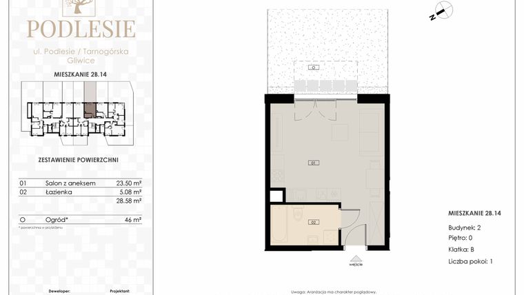 Rzut - Mieszkanie na sprzedaż 1 pokój o powierzchni 28,58 m² - numer 2B.14 w Podlesie