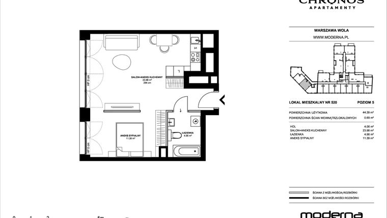 Rzut - Mieszkanie na sprzedaż 2 pokoje o powierzchni 44,39 m² - numer 520 w Chronos etap II