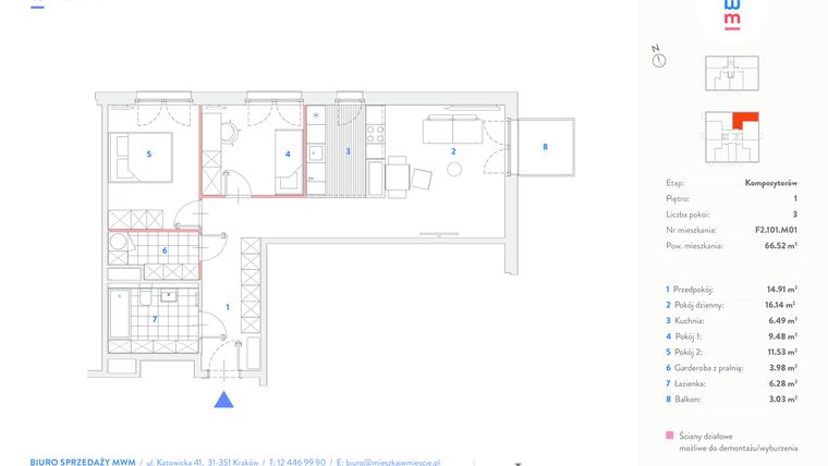 Rzut - Mieszkanie na sprzedaż 3 pokoje o powierzchni 68,67 m² - numer F2.101.M01 w Mieszkaj w mieście - etap Kompozytorów budynek F.