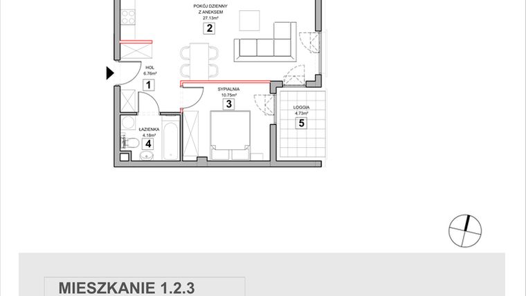 Rzut - Mieszkanie na sprzedaż 2 pokoje o powierzchni 49,33 m² - numer 1.2.3 w Zakątek Harmonia III