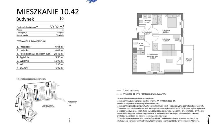 Rzut - Mieszkanie na sprzedaż 3 pokoje o powierzchni 59,07 m² - numer 10.42 w Osiedle Pastelowe etap III