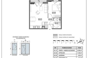Rzut - Mieszkanie na sprzedaż 2 pokoje o powierzchni 43,88 m² - numer 9.A.03 w Nowe Południe bud. 9