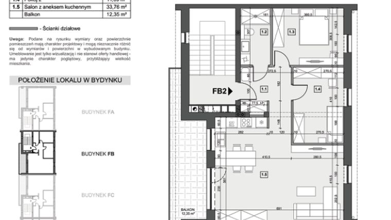 Rzut - Mieszkanie na sprzedaż 3 pokoje o powierzchni 69,15 m² - numer FB2 w Wzgórze Zelwerowicza