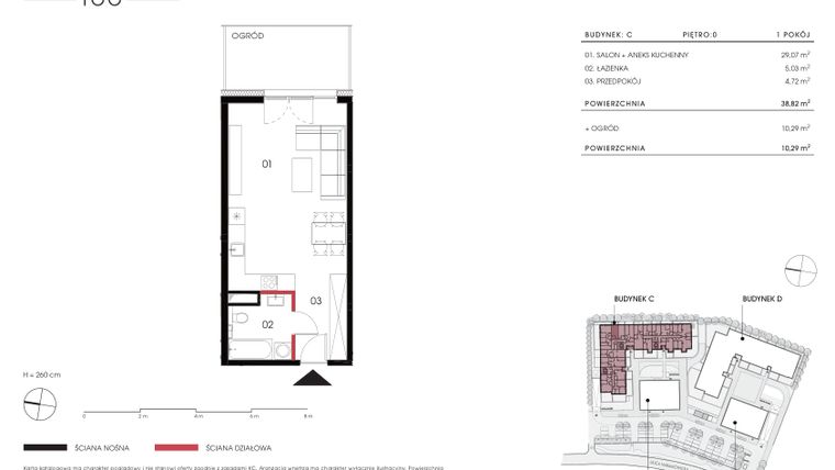 Rzut - Mieszkanie na sprzedaż 1 pokój o powierzchni 38,82 m² - numer C 0.07 w Naramowicka 100