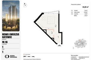 Rzut - Mieszkanie na sprzedaż 1 pokój o powierzchni 33,05 m² - numer M.16 w Nowa Gwiazda