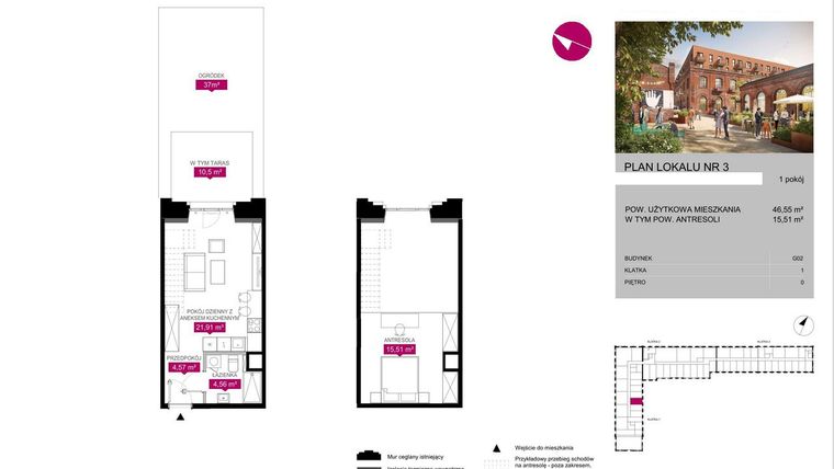 Rzut - Mieszkanie na sprzedaż 1 pokój o powierzchni 46,55 m² - numer G2.3 w Fuzja Lofty