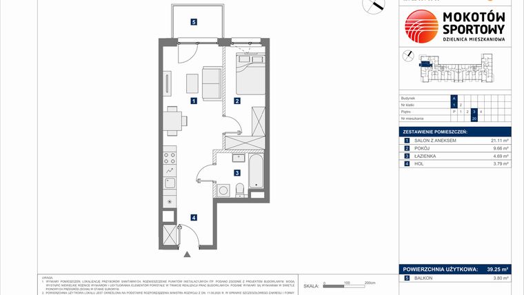 Rzut - Mieszkanie na sprzedaż 2 pokoje o powierzchni 39,25 m² - numer A.20 w Mokotów Sportowy 3.1
