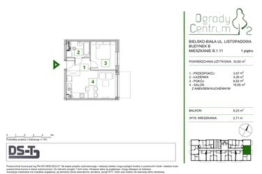 Rzut - Mieszkanie na sprzedaż 2 pokoje o powierzchni 33,6 m² - numer B.1.11 w Ogrody Centrum 2
