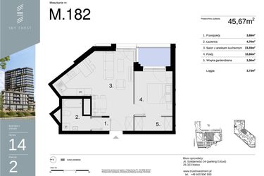 Rzut - Mieszkanie na sprzedaż 2 pokoje o powierzchni 45,67 m² - numer M182 w Sky Trust etap II