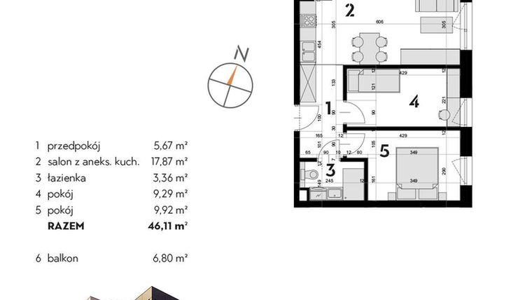 Rzut - Mieszkanie na sprzedaż 3 pokoje o powierzchni 46,11 m² - numer OK-30 w OKI DOKI