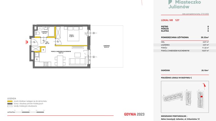 Rzut - Mieszkanie na sprzedaż 2 pokoje o powierzchni 39,31 m² - numer 127 w Miasteczko Julianów
