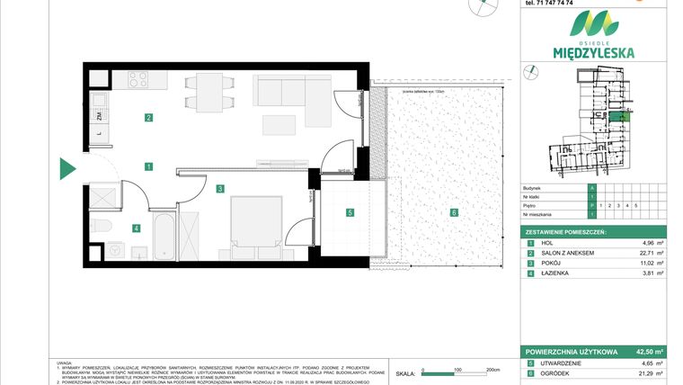 Rzut - Mieszkanie na sprzedaż 2 pokoje o powierzchni 42,5 m² - numer 1 w Osiedle Międzyleska - etap III