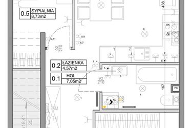 Rzut - Mieszkanie na sprzedaż 3 pokoje o powierzchni 48,03 m² - numer 87 w Manufaktura Marki 2 etap IV