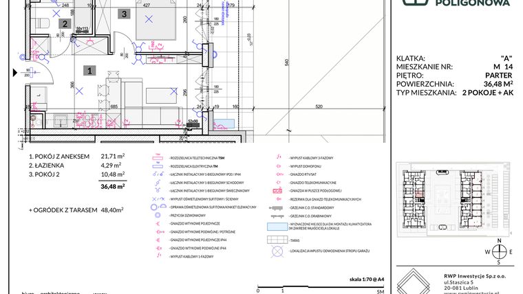 Rzut - Mieszkanie na sprzedaż 2 pokoje o powierzchni 36,48 m² - numer 14 w Apartamenty Poligonowa etap 5