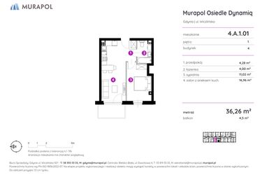Rzut - Mieszkanie na sprzedaż 2 pokoje o powierzchni 36,26 m² - numer 4.A.1.01 w Murapol Osiedle Dynamiq