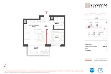 Rzut - Mieszkanie na sprzedaż 2 pokoje o powierzchni 39,94 m² - numer A.1.3 w Drucianka Wschodnia