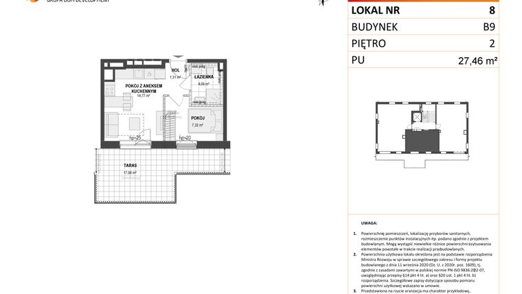 Rzut - Mieszkanie na sprzedaż 2 pokoje o powierzchni 27,46 m² - numer B9 8 w Wzgórze Markowca