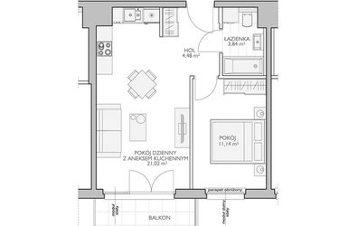 Rzut - Mieszkanie na sprzedaż 2 pokoje o powierzchni 41,67 m² - numer WO/O18/16 w Wiszące Ogrody