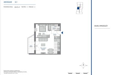 Rzut - Mieszkanie na sprzedaż 2 pokoje o powierzchni 48,05 m² - numer 3.1 w SEAHall