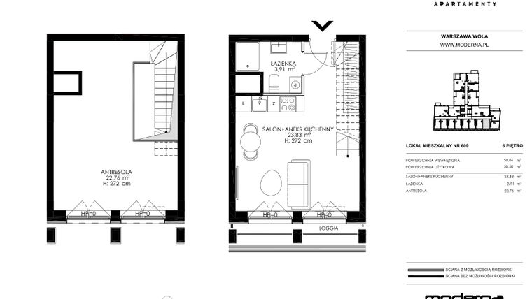 Rzut - Mieszkanie na sprzedaż 2 pokoje o powierzchni 50,5 m² - numer 609 w Chronos