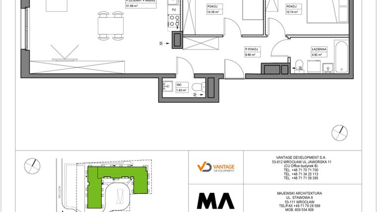 Rzut - Mieszkanie na sprzedaż 3 pokoje o powierzchni 68,2 m² - numer PT/A/2/11 w Przystanek Tarnogaj