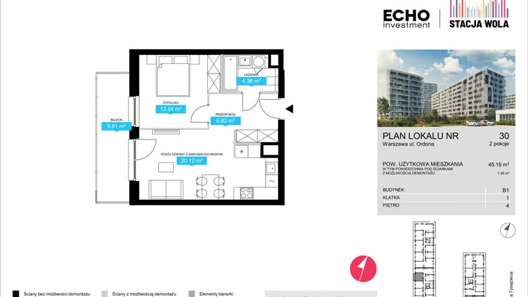 Rzut - Mieszkanie na sprzedaż 2 pokoje o powierzchni 45,19 m² - numer B1.30 w Stacja Wola - Etap II
