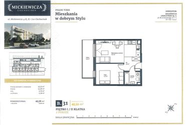 Rzut - Mieszkanie na sprzedaż 2 pokoje o powierzchni 40,59 m² - numer B31 w Mickiewicza