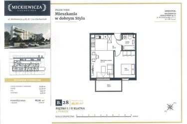 Rzut - Mieszkanie na sprzedaż 2 pokoje o powierzchni 40,3 m² - numer B28 w Mickiewicza
