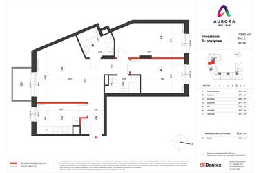Rzut - Mieszkanie na sprzedaż 3 pokoje o powierzchni 73,63 m² - numer L-18 w Osiedle Aurora - bud. L