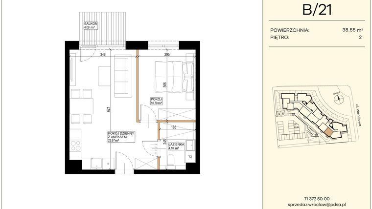 Rzut - Mieszkanie na sprzedaż 2 pokoje o powierzchni 38,55 m² - numer WA2/B/21 w Waniliowa