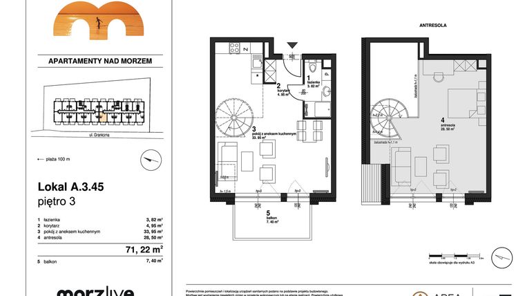 Rzut - Mieszkanie na sprzedaż 2 pokoje o powierzchni 71,22 m² - numer A.3.45 w Morzlive
