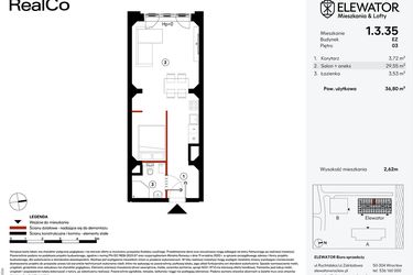 Rzut - Mieszkanie na sprzedaż 1 pokój o powierzchni 36,8 m² - numer EZ.1.3.35 w Elewator - Mieszkania i Lofty