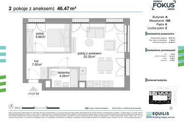 Rzut - Mieszkanie na sprzedaż 2 pokoje o powierzchni 46,47 m² - numer 188 w Osiedle Fokus Ursus
