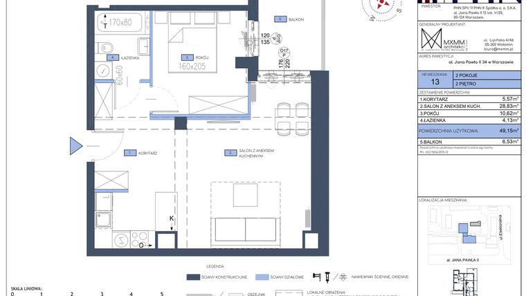 Rzut - Mieszkanie na sprzedaż 2 pokoje o powierzchni 49,15 m² - numer 13 w Apartamenty Jana Pawła 34