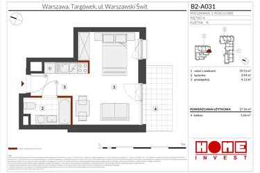Rzut - Mieszkanie na sprzedaż 1 pokój o powierzchni 27,56 m² - numer B2-A031 w Warszawski Świt etap IX