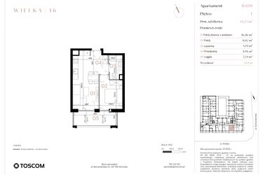 Rzut - Mieszkanie na sprzedaż 2 pokoje o powierzchni 34,25 m² - numer B/1/09 w Wielka 16