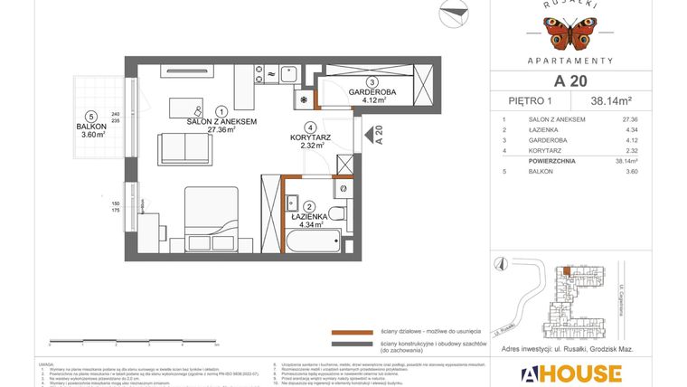 Rzut - Mieszkanie na sprzedaż 1 pokój o powierzchni 38,14 m² - numer A20 w Apartamenty Rusałki