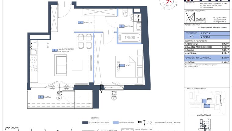 Rzut - Mieszkanie na sprzedaż 2 pokoje o powierzchni 44,17 m² - numer 25 w Apartamenty Jana Pawła 34