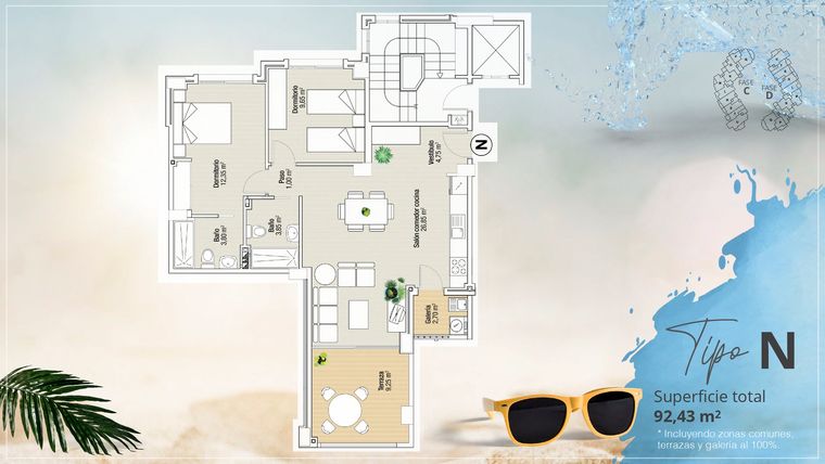 Rzut - Mieszkanie na sprzedaż 2 pokoje o powierzchni 92,43 m² - numer 280 w Apartamenty w La Manga del Mar Menor - 37756457