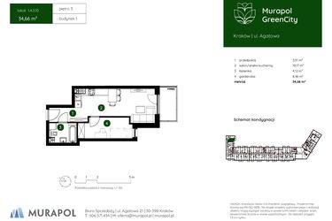 Rzut - Mieszkanie na sprzedaż 1 pokój o powierzchni 34,66 m² - numer 1.A.3.10 w Murapol GreenCity bud. 1