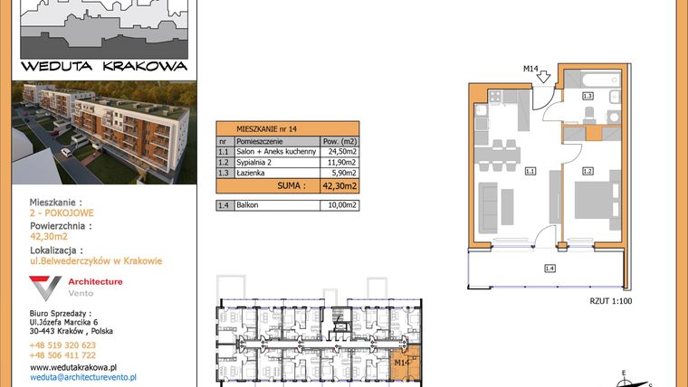 Rzut - Mieszkanie na sprzedaż 2 pokoje o powierzchni 42,3 m² - numer M14 w Weduta Krakowa etap II